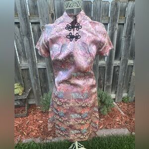Vintage One-of-a-Kind Asian Inspired Dress – Pink Floral Satin Brocade - Small